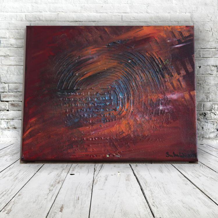 Farbenfrohes Acrylbild von Julia Magdalena mit abstrakten, energiegeladenen Mustern in Rot- und Orangetönen, ideal für moderne Kunstliebhaber.