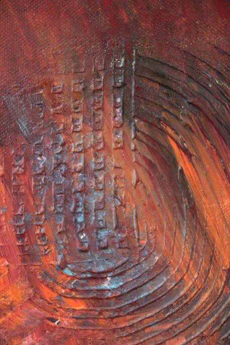 Acrylbild mit roter, orangefarbener Textur und Reliefstrukturen, inspiriert von Julia Magdalena. Perfekt für moderne Kunstliebhaber und als dekoratives Wandbild.