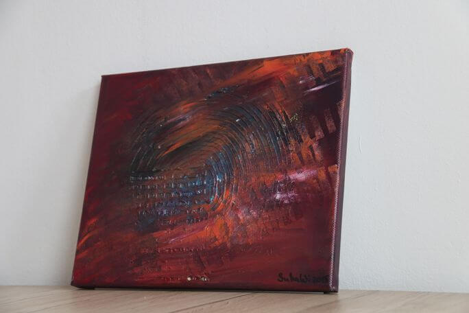Acrylbild von Julia Magdalena, abstrakte Farbkombination in Rot, Blau und Schwarz, moderne Wandkunst, original Kunstwerk, kreative Raumdekoration, handgemalt, Weihnachten Geschenkidee.