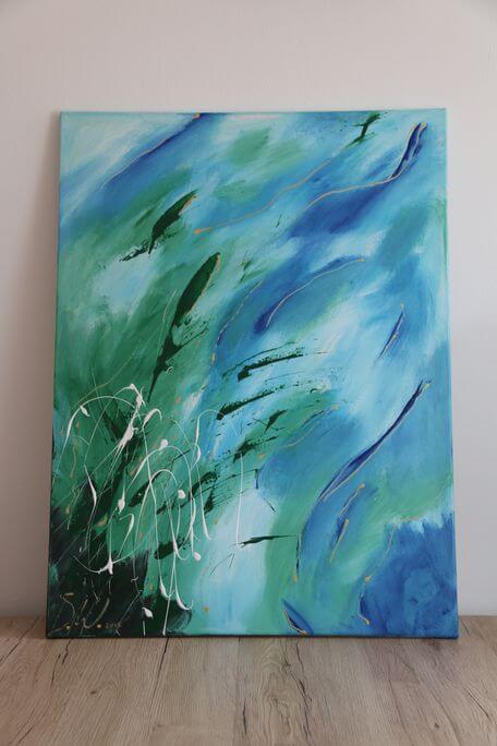 Abstrakte Acrylbild von Julia Magdalena, maritime Motive, moderne Kunst, farbenfrohes Wandbild.