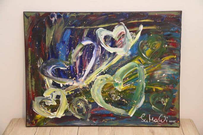 Lebendige Acrylbilder mit Herzen in bunten Farben von Julia Magdalena, ideal für moderne Räume, voller Energie und Gefühl.