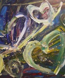 Acrylbilder von Julia Magdalena, farbenfrohe Blumenmalerei mit lebendigen Herzformen, moderne Kunst.
