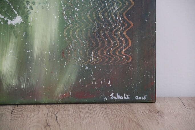 Farbenfrohe Acrylbild Kunstwerk von Julia Magdalena, abstrakte Wasser- und Reflexionseffekte, original signiert 2015, moderne Wandkunst für kreative Räume.