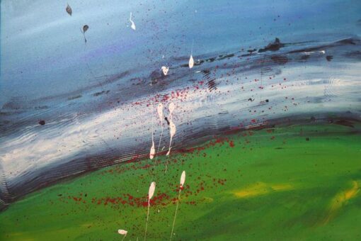 Farbfrohes Acrylbild von Julia Magdalena mit dynamischem Pinselstrich und abstrakten Farbenspielen, ideal für moderne Kunstsammler und Kunstliebhaber.