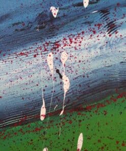 Farbenfrohes Acrylbild von Julia Magdalena mit blauer, grüner und roter Farbspritztechnik, abstrakte Kunst, modern Kunst, originale Wanddekoration Kunstwerk.