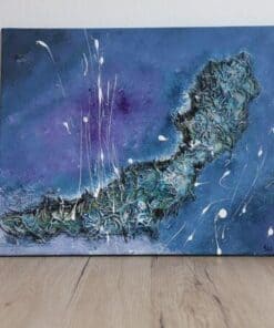 Acrylbild von Julia Magdalena mit abstraktem Kartenmuster in Blau- und Grüntönen.