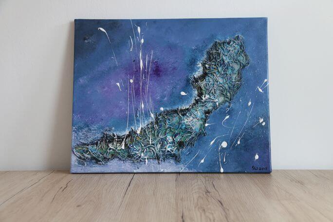 Acrylbild von Julia Magdalena mit abstraktem Kartenmuster in Blau- und Grüntönen.