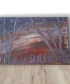 Waldlandschaft Acrylbild mit stilisierten Bäumen und einem farbigen Himmel in warmen Tönen, handgemalt von Julia Magdalena, moderne Kunst, lebendige Farben, abstrakte Naturdarstellung.