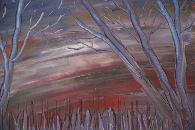 Farbenfrohes Acrylbild von Julia Magdalena mit dynamischen Baumstruktur und abstrakter Landschaft, modern und künstlerisch gestaltet.