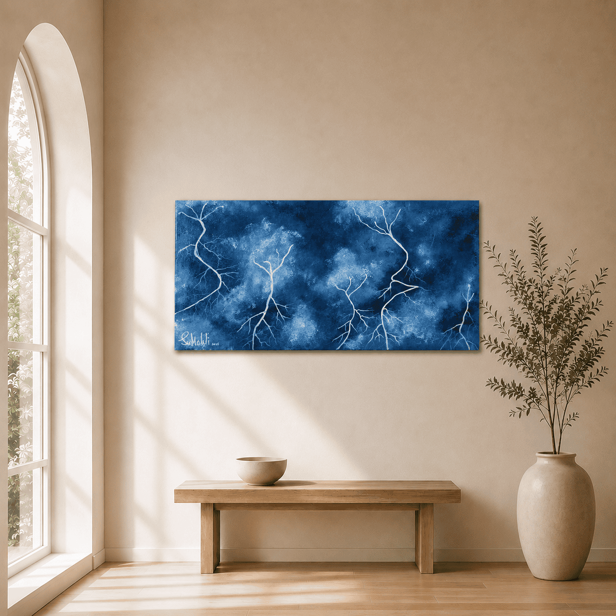 Blitz und Donner als blaues Acrylbild im Wohnraum, handgemaltes Original von JuMaWi-Art