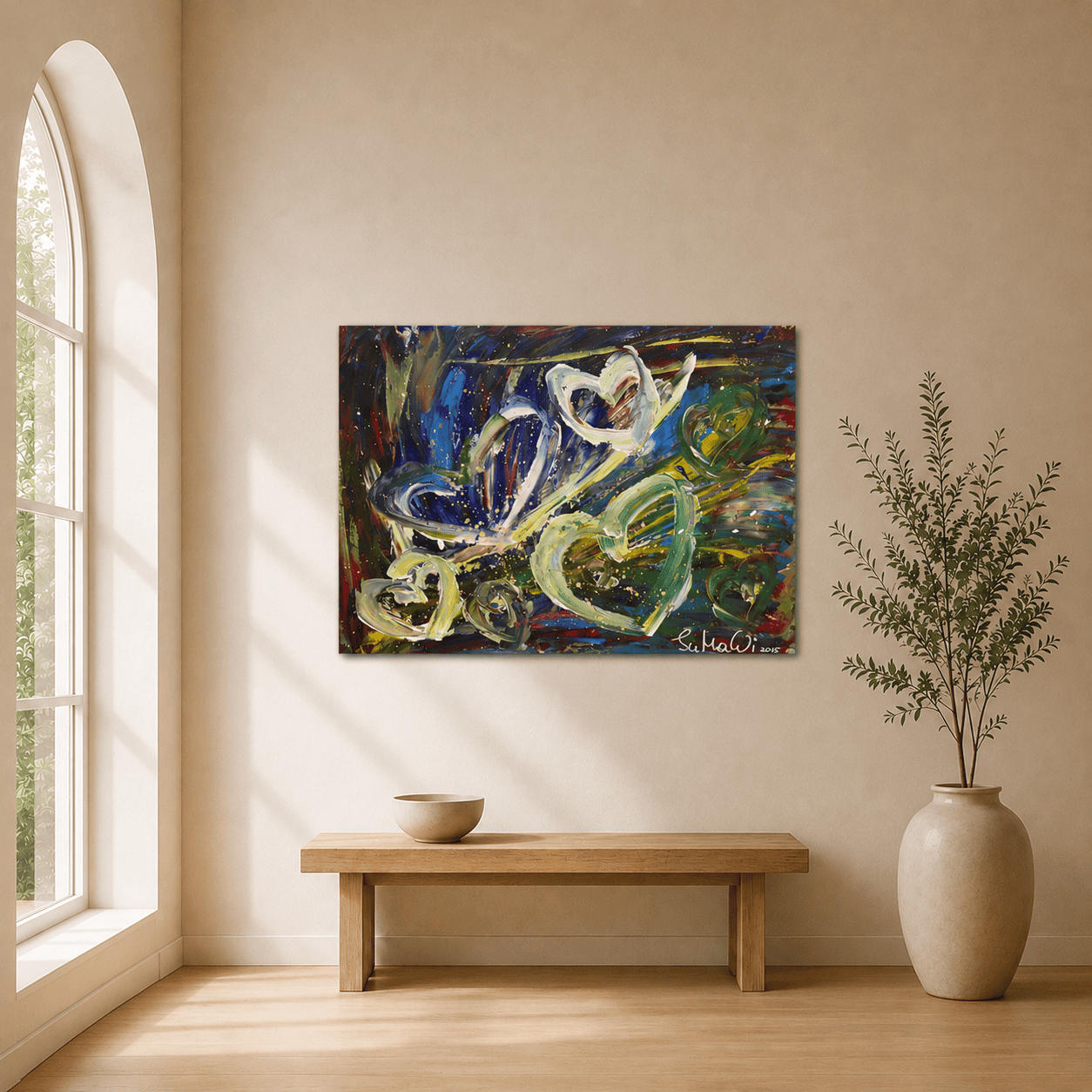 Herz an Herz als Acrylbild im Wohnraum, handgemaltes Original von JuMaWi-Art