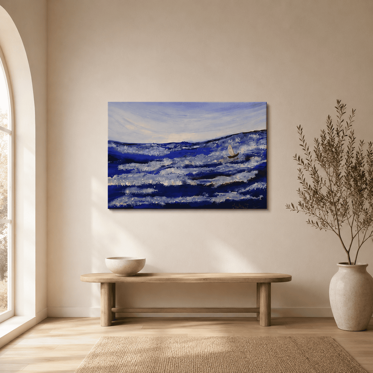 Kleines Schiff in der stürmischen See als Acrylbild im Wohnraum, handgemaltes Original von JuMaWi-Art