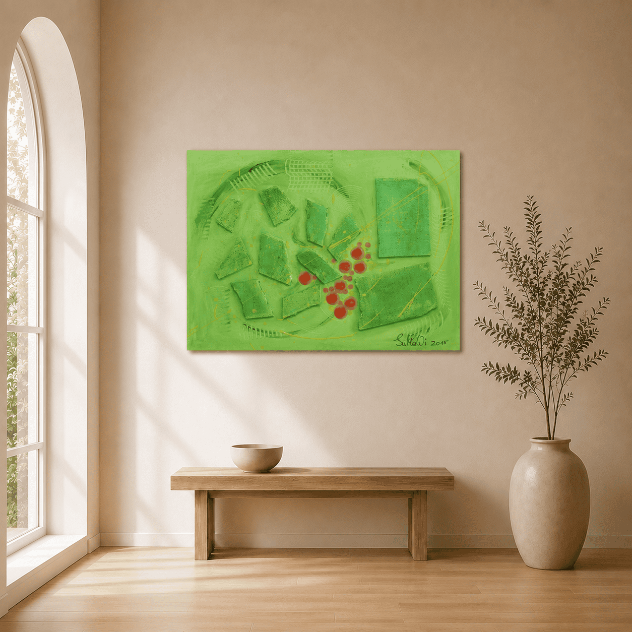 Maigrün als grünes Acrylbild im Wohnraum, handgemaltes Original von JuMaWi-Art